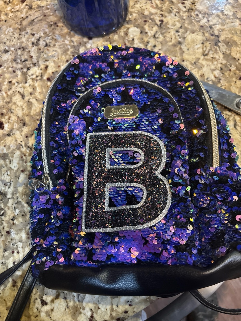 Justice Girls Purple Blue Iridescent Sequin Mini Backpack Letter B Glitter Bag